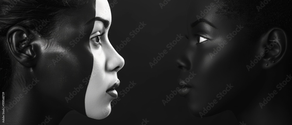 In a stark black and white composition, two faces painted in contrasting halves create a powerful study on identity and duality. In a stark black and white composition, two faces painted in contrasting halves create a powerful study on identity and duality.