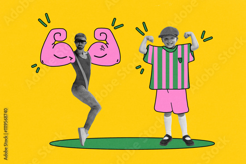 фотографія Child in striped oversized outfit and man with illustrated pink cartoon muscles against vibrant yellow background