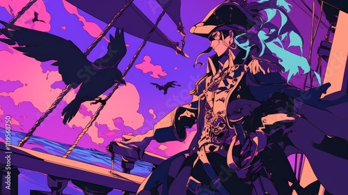 Pirate Captain at Sunset. A Colorful Anime Illustration. Vibrant Anime Illustration. photo