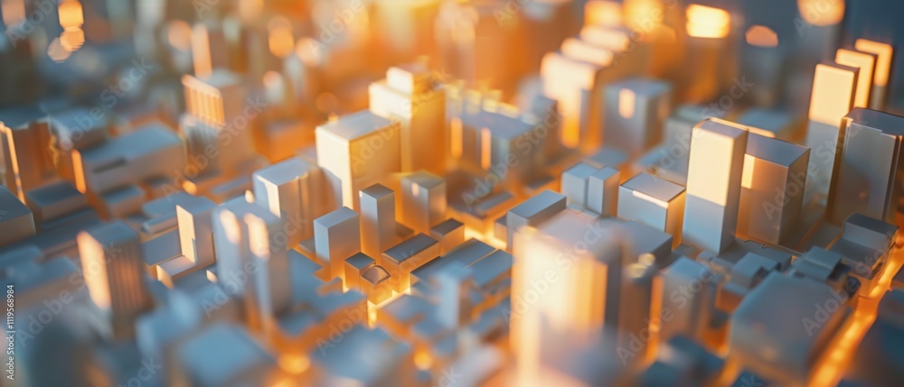Obraz premium A miniature cityscape bathed in warm golden light, reflecting the peaceful dawn in a bustling metropolis setting.