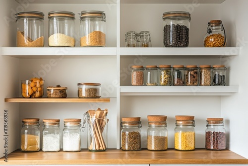 A well-organized minimalist pantry with labeled jars, symbolizing organization and efficiency, Home organization scene