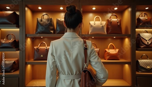 A woman admires a display of stylish handbags in a chic boutique, showcasing various designs and colors under warm lighting.