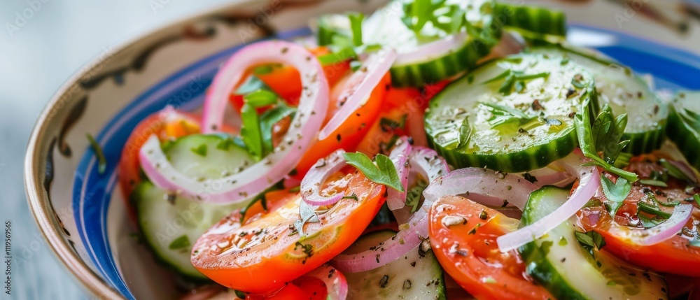 A vibrant salad featuring fresh cucumbers, tomatoes, onions, and herbs in a bowl, offering a feast for the eyes and a hint of summer's bounty. A vibrant salad featuring fresh cucumbers, tomatoes, onions, and herbs in a bowl, offering a feast for the eyes and a hint of summer's bounty.