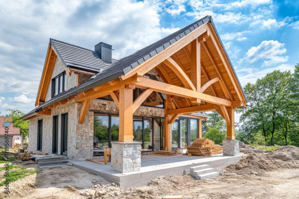 Timber frame house under construction with wooden beams and roof against vibrant blue sky on sunny day Timber frame house under construction with wooden beams and roof against vibrant blue sky on sunny day