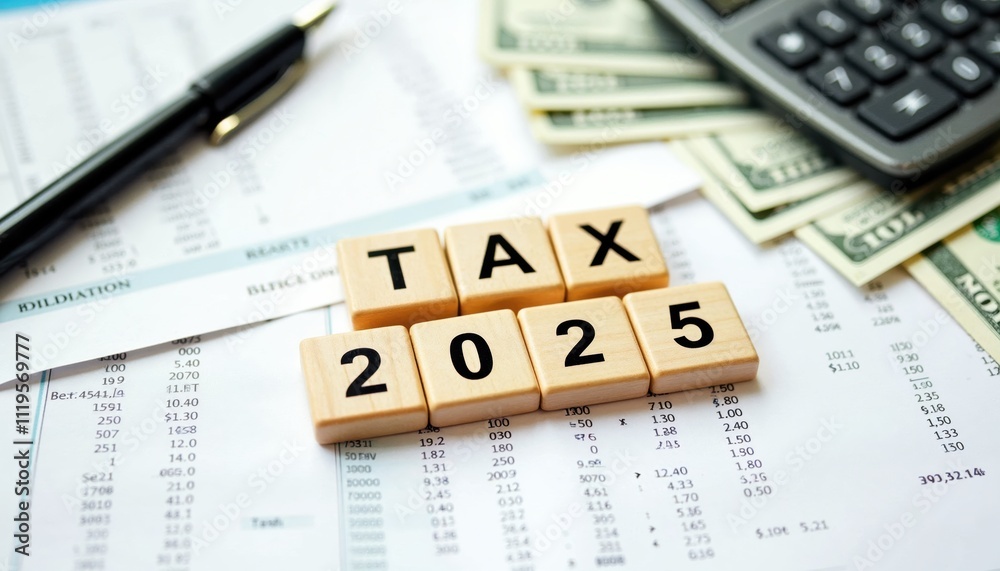 A collection of tax-related documents, a calculator, and cash, with A collection of tax-related documents, a calculator, and cash, with