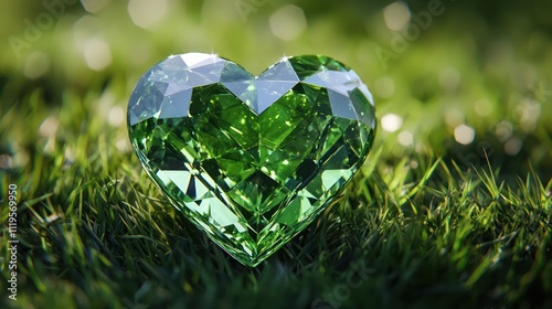 A green diamond heart set on a grassy background. photo