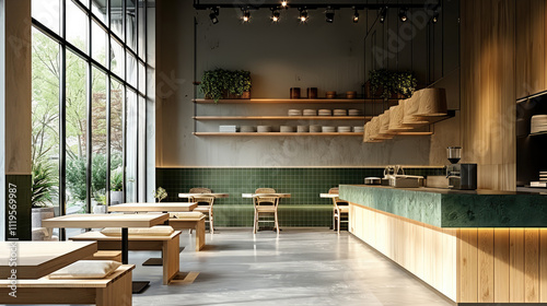 A restaurant interior design concept, black baseboards, concrete floor, green counter tile and light wood, white wall, long bench on wall that is light wood with neutral seats. photo