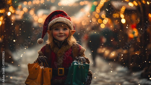 5h a photo from the front of the lower half of a adult classic christmas elf holding alot of colorfull shoppingbags, walking outside in the snow, fetsive lights and decorations all around, warm and co photo