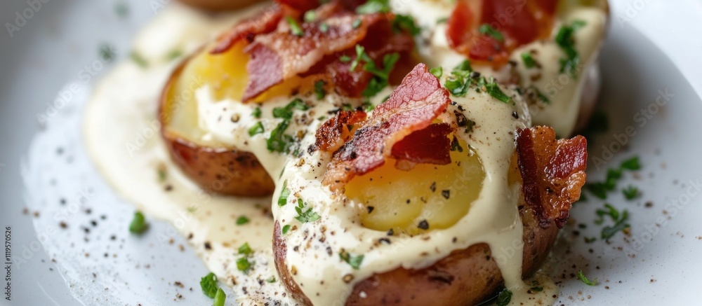 Close up of delicious-looking potato appetizer with bacon and a creamy sauce . Close up of delicious-looking potato appetizer with bacon and a creamy sauce .