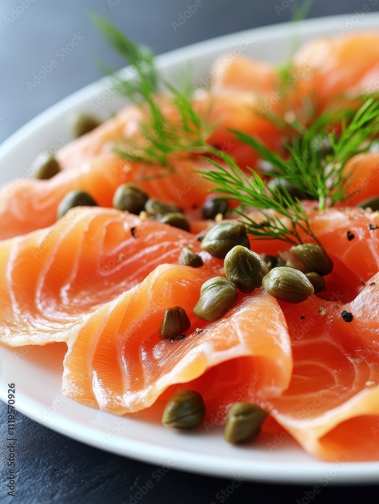 A plate of thinly sliced salmon garnished with dill and capers. A plate of thinly sliced salmon garnished with dill and capers.