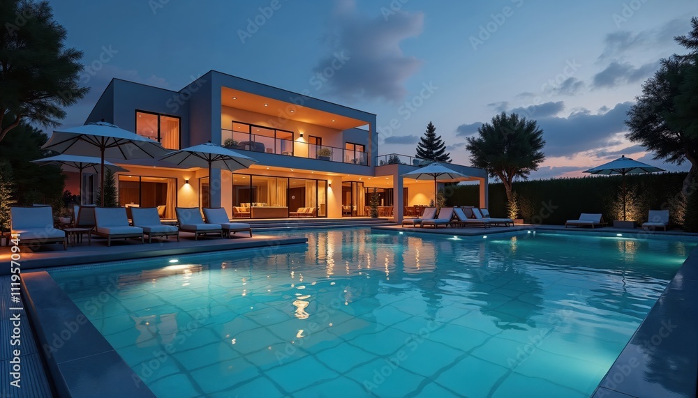 Fototapeta premium A modern villa featuring a sparkling pool, surrounded by lounge chairs and umbrellas, illuminated at dusk.