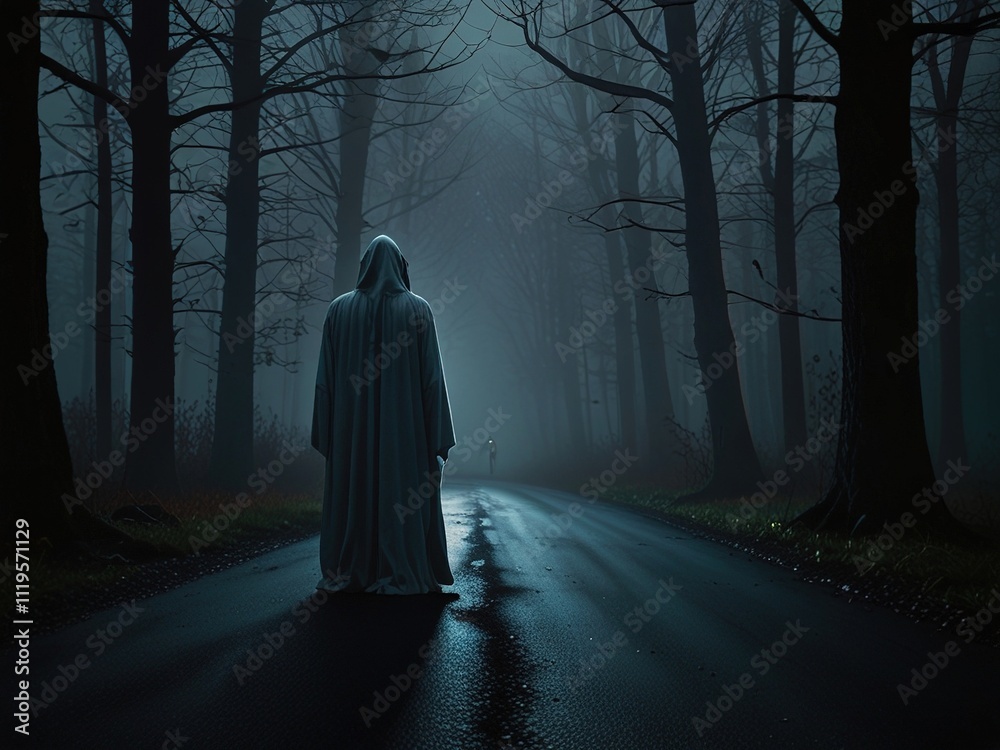 Person walking down a foggy forest path, surrounded by bare trees, creating a mysterious atmosphere Person walking down a foggy forest path, surrounded by bare trees, creating a mysterious atmosphere