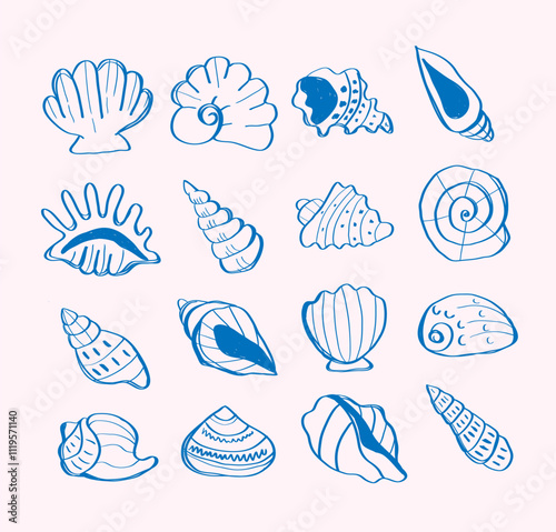 Seashells blue hand drawn set. Doodle outline scallop shell. Hand-drawn design elements