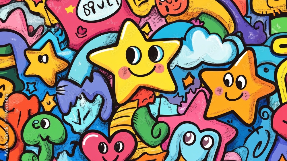 elementary school notebook doodle art, happy star characters, heart motifs, wavy lines, puzzle pieces with eyes, key illustration, cloud shapes, crayon hatching effect, freehand drawing style, elementary school notebook doodle art, happy star characters, heart motifs, wavy lines, puzzle pieces with eyes, key illustration, cloud shapes, crayon hatching effect, freehand drawing style,