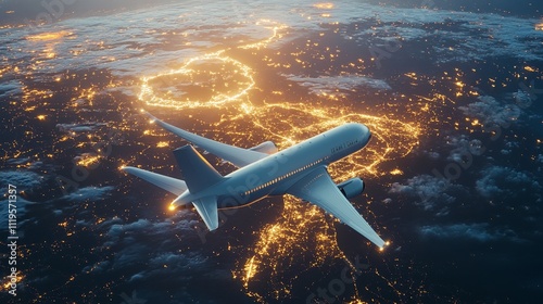 Fototapeta Naklejka Na Ścianę i Meble -  High Altitude View of Airplane Over World Map with Glowing Air Traffic Routes