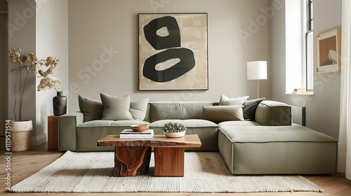 Modern living room interior with a sage green sectional sofa, a walnut coffee table, and a large abstract wall art piece, complemented by soft beige walls and light wood flooring. photo