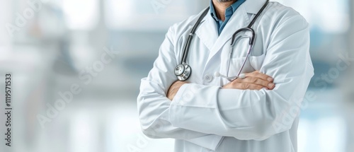 Close-up of a male doctor wearing a white coat and stethoscope, arms crossed confidently, standing against a blurred hospital background