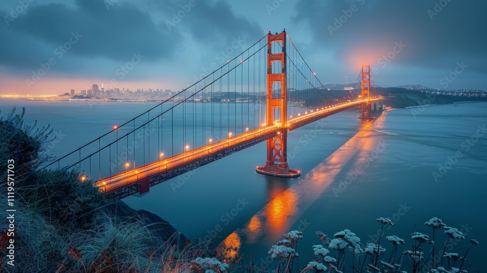 Fototapeta premium the golden gate bridge is lit up at night