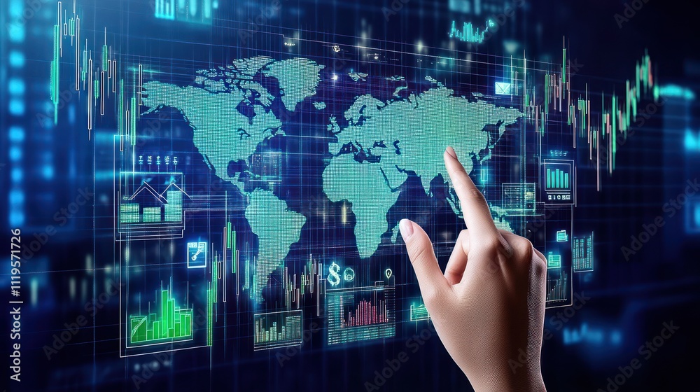 A hand interacts with a digital world map and financial data graphics. A hand interacts with a digital world map and financial data graphics.