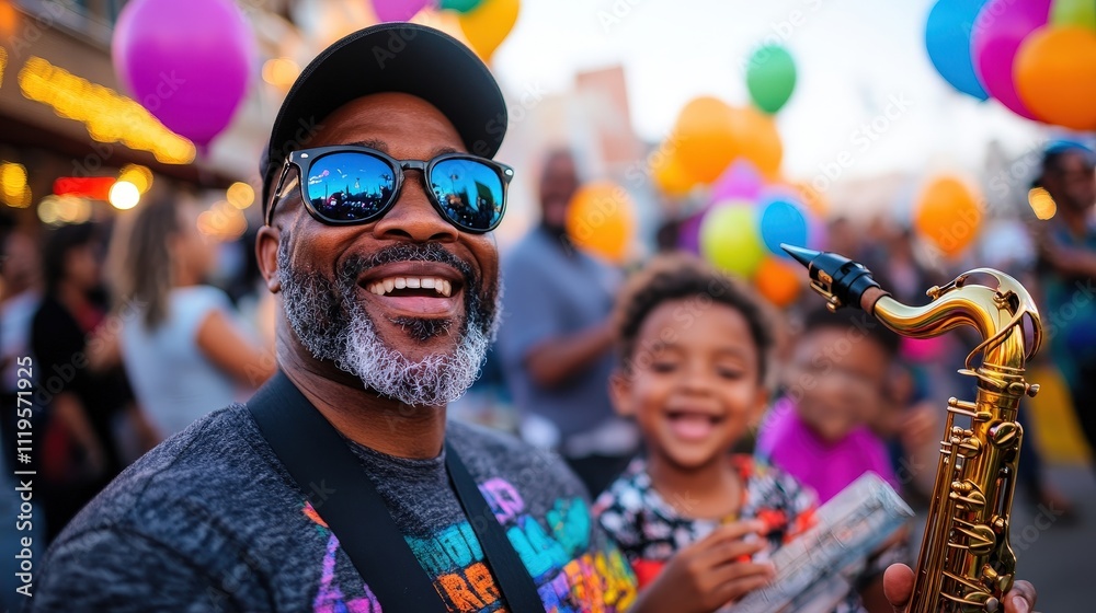 A cheerful musician smiles in front of a lively crowd filled with balloons, playing the saxophone at a vibrant festival, capturing the essence of celebration and community. A cheerful musician smiles in front of a lively crowd filled with balloons, playing the saxophone at a vibrant festival, capturing the essence of celebration and community.