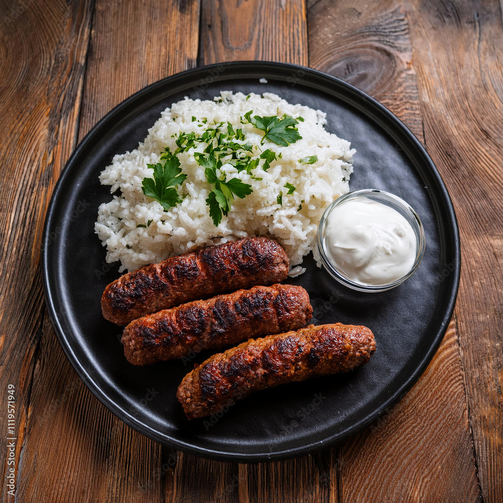 Φωτογραφία Two grilled  cevapcici sausages are served with white rice, yogurt, and parsley