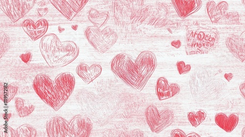 horizontal heart border pattern, hand-drawn chalk texture, pink red romantic doodles, varied heart shapes, crayon scribble effect, white background, decorative love symbols, valentines style