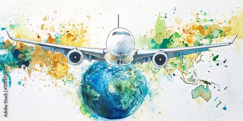 Watercolor Airplane Soaring Over Globe with Green, Blue, and Gold for Global Connectivity photo