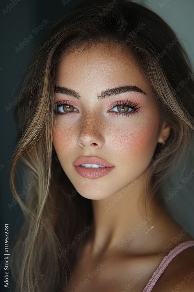 Close-up portrait of a young woman with long brown hair, freckles, and natural makeup. Close-up portrait of a young woman with long brown hair, freckles, and natural makeup.