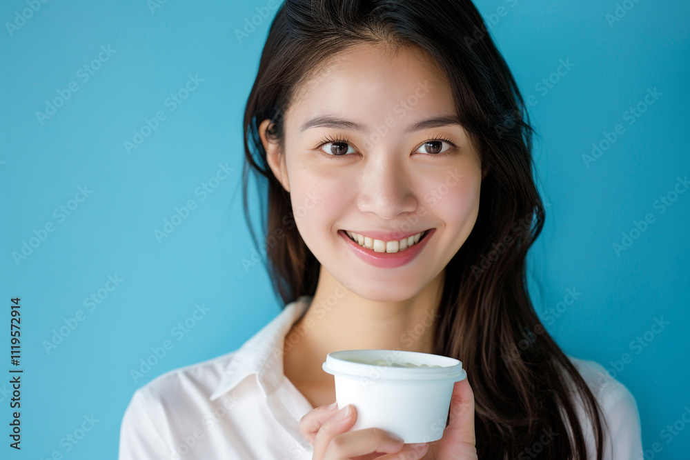 Portrait of Smiling Asian Woman Showing Product on Blue Background Portrait of Smiling Asian Woman Showing Product on Blue Background