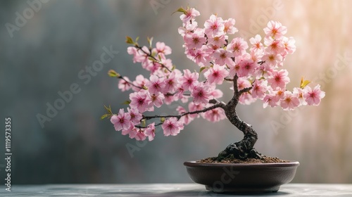 Cherry blossom bonsai tree with delicate pink flowers, studio lighting, minimalist background 