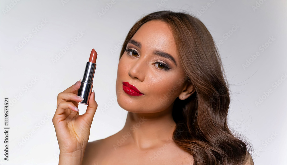 A woman holding a lipstick. She is wearing red lipstick. Isolated on a white background A woman holding a lipstick. She is wearing red lipstick. Isolated on a white background