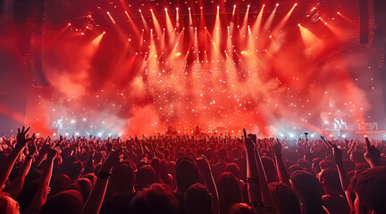 Thousands of people cheering on a concert stage with red lights and smoke in the background.