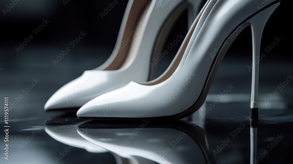 Elegant women's leather heels with a minimalist design, shot close-up on a reflective surface Elegant women's leather heels with a minimalist design, shot close-up on a reflective surface