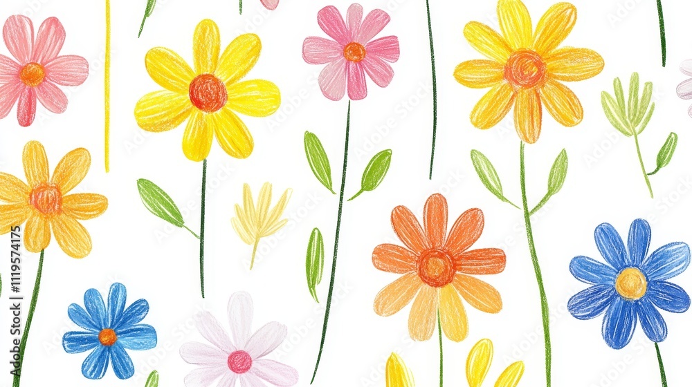 springtime daisy collection, delicate flower sketches, bright yellow centers, multicolored petals, simple green stems, elementary drawing style, loose crayon marks, pure floral elements, naive garden
