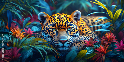 Jaguar in Lush Tropical Paradise, Vibrant Jungle Cat Resting Amidst Vivid Blooms and Exotic Foliage