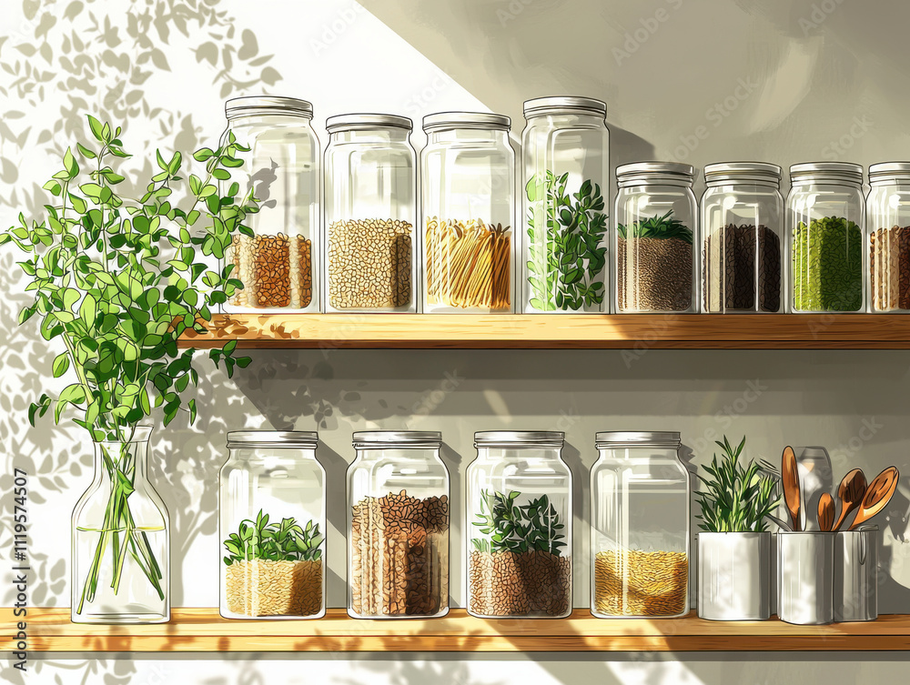 Neatly organized pantry shelf with glass jars and greenery Neatly organized pantry shelf with glass jars and greenery