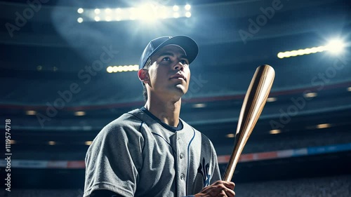 Professional baseball player holding bat on sport stadium

