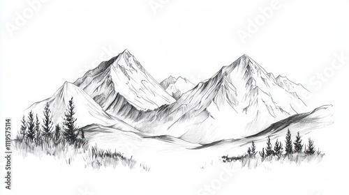 A hand-drawn black and white pencil sketch of a mountain landscape, designed for artistic themes.