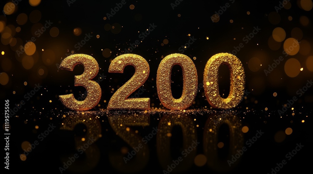 Golden glittering number 3200 on a dark background with glowing bokeh lights. Celebration or milestone concept Golden glittering number 3200 on a dark background with glowing bokeh lights. Celebration or milestone concept
