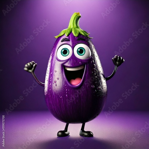 Cute Cartoon Happy Eggplant...