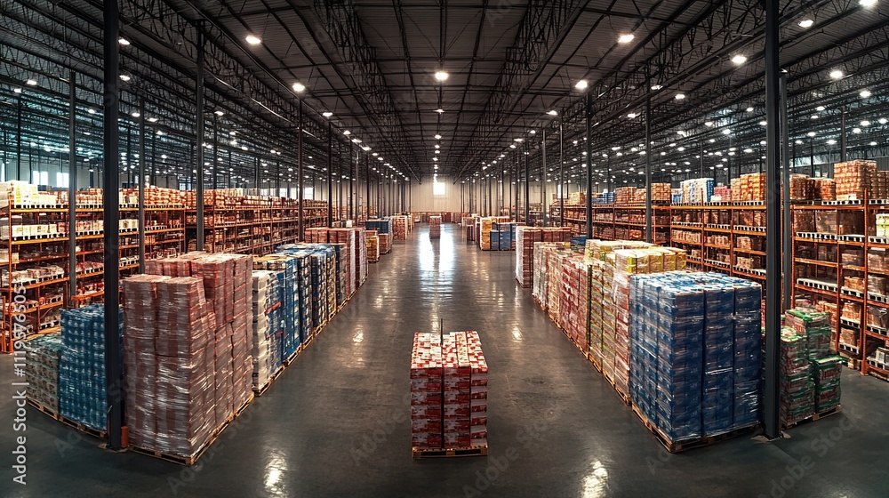 Obraz premium Vast warehouse interior with stacked pallets of goods, showcasing efficient storage and logistics.
