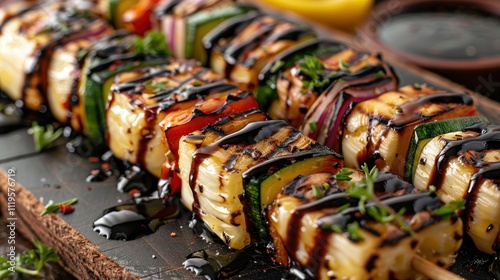 Grilled halloumi and vegetable skewers drizzled with balsamic glaze.