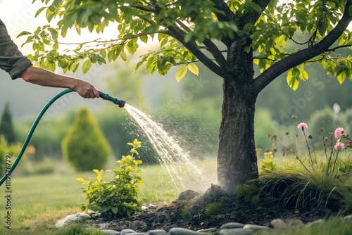 hand water tree in garden with hose. Gardening care photo