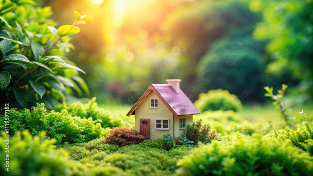Miniature house nestled in a lush green garden, miniature, house, garden, green, tranquil, peaceful, serene, idyllic, nature Miniature house nestled in a lush green garden, miniature, house, garden, green, tranquil, peaceful, serene, idyllic, nature