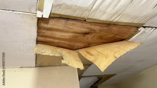 The house ceiling made of plywood peeled off due to rainwater. The house ceiling leaked.. House The plywood ceiling peeled off
