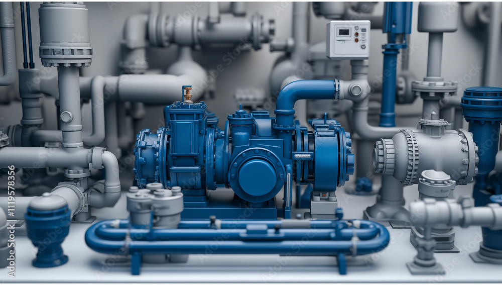 Blue Industrial Pump with Gray Pipes and Metallic Components on White Background – Emphasizing Branding and Design. Blue Industrial Pump with Gray Pipes and Metallic Components on White Background – Emphasizing Branding and Design.