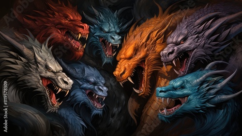 Powerful dragon heads in vibrant colors against a dark background creating an intense atmosphere photo