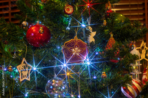 Close-up of Christmas tree decorations, shallow depth of field image