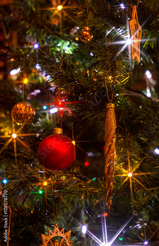 Close-up of Christmas tree decorations, shallow depth of field image