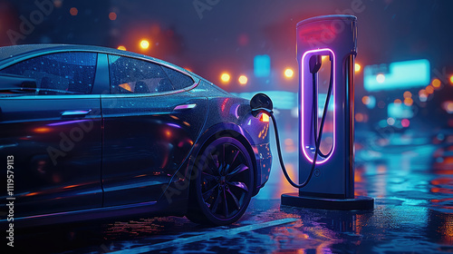 Electric car charging station, void background, electric lightning around the thread.